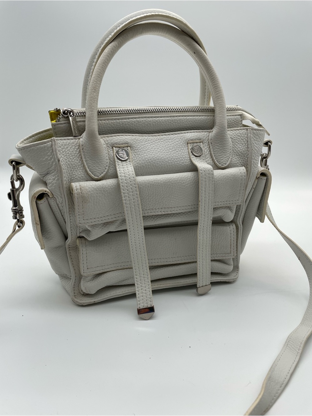 Sneha Varma White Pebbled Leather Satchel Crossbody Purse Shoulder Bag